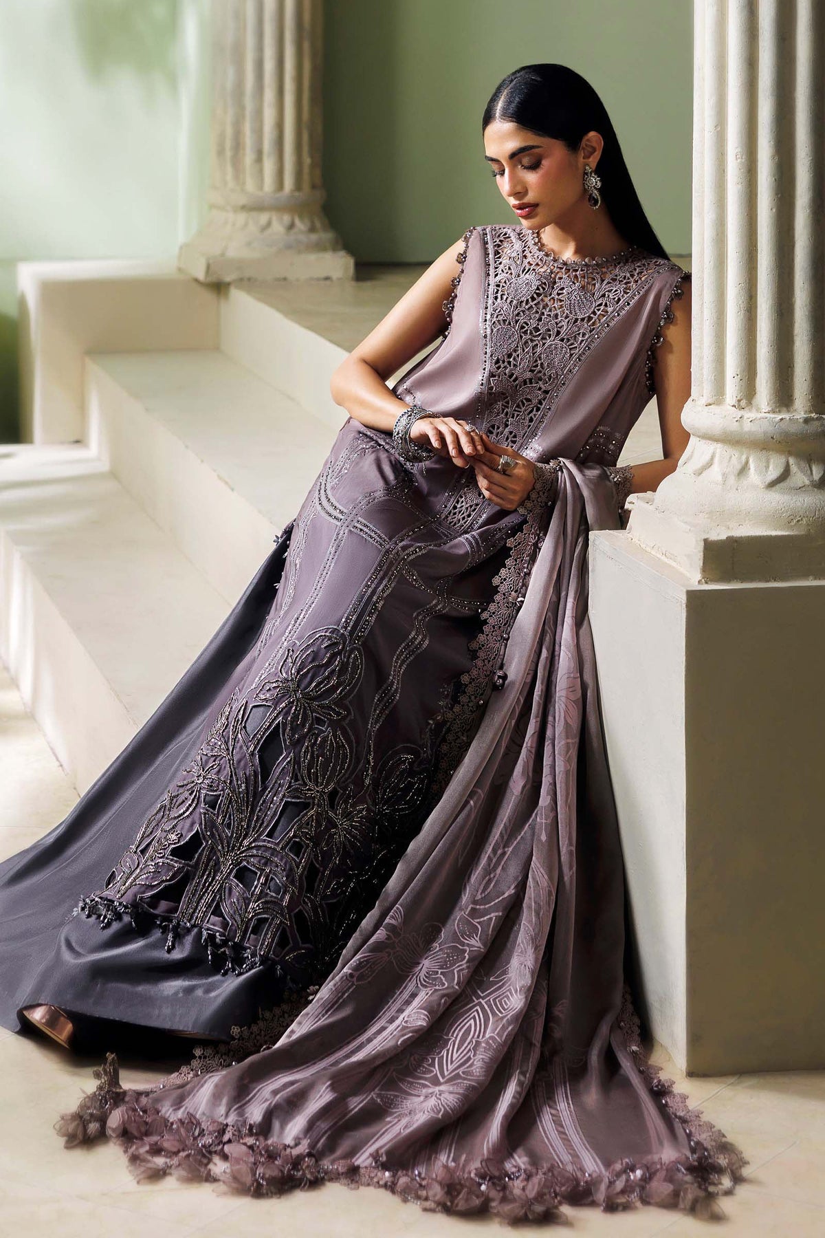 Maria B Soiree Unstitched Formals'26 3 Piece Unstitched Embroidered Bell Raw Silk Suit SR-01-04-Dusty Mauve