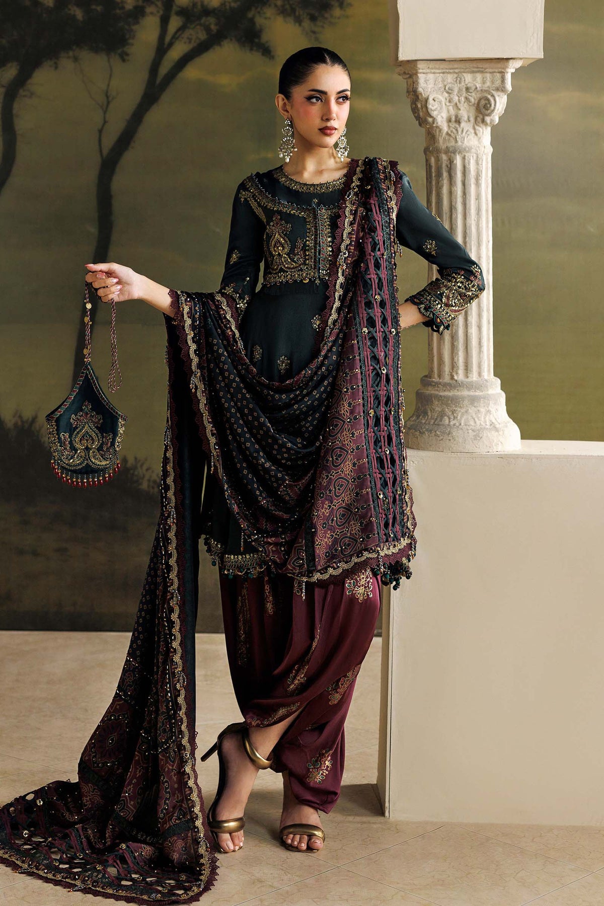 Maria B Soiree Unstitched Formals'26 3 Piece Unstitched Embroidered Tusser Silk Suit SR-01-05-Imperial Burgundy