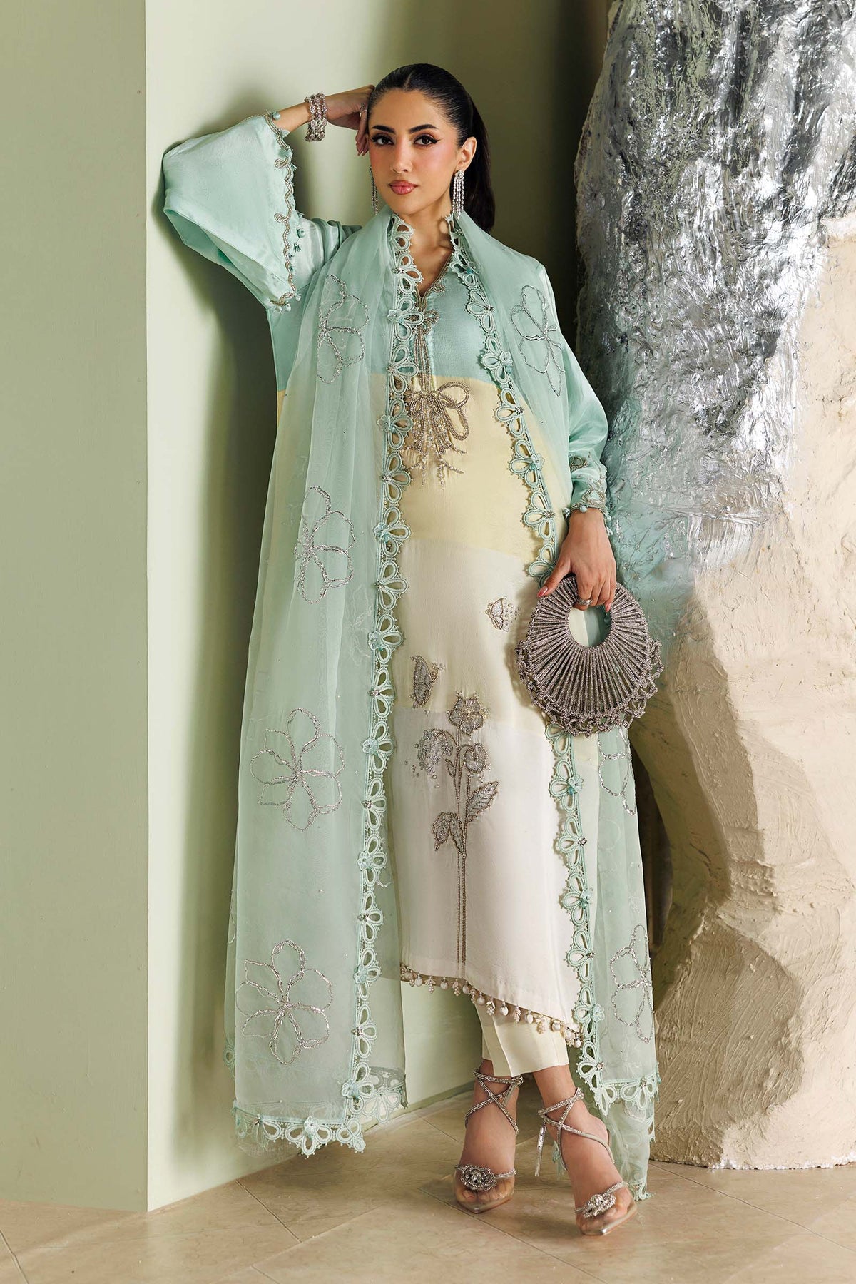 Maria B Soiree Unstitched Formals'26 3 Piece Unstitched Embroidered Raw Silk Suit SR-01-07-Crystal Mint