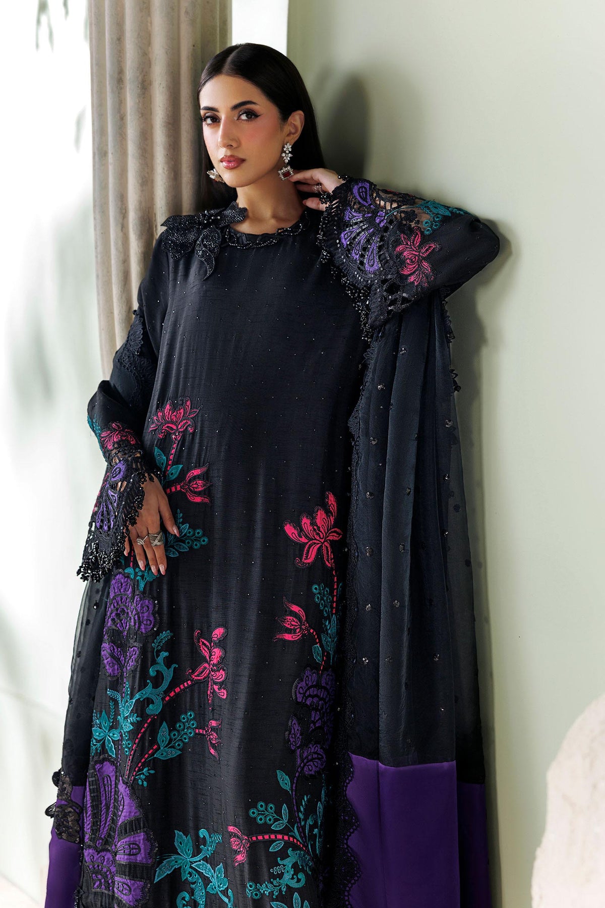 Maria B Soiree Unstitched Formals'26 3 Piece Unstitched Embroidered Raw Silk Suit SR-01-08-Mid Night Noir