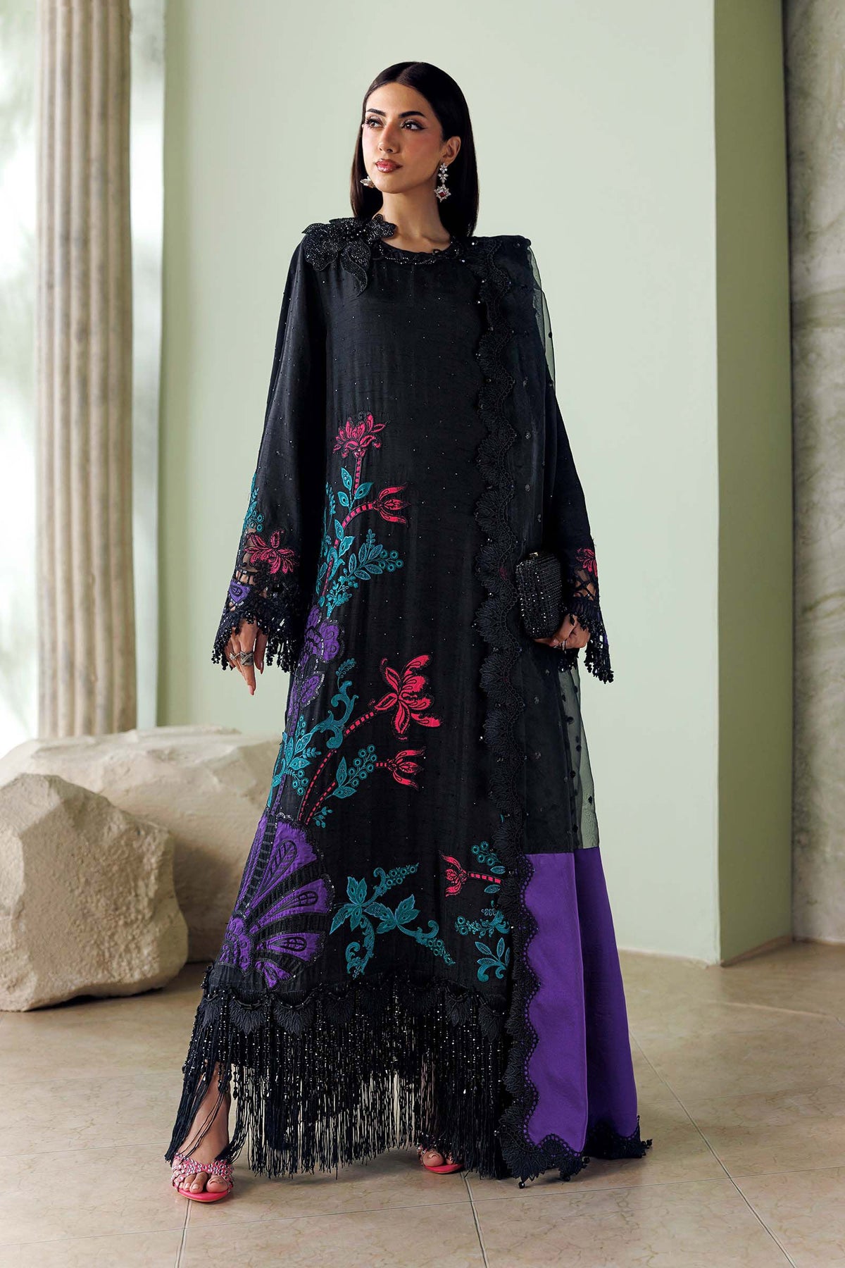 Maria B Soiree Unstitched Formals'26 3 Piece Unstitched Embroidered Raw Silk Suit SR-01-08-Mid Night Noir